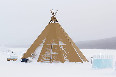 brown tent on snowfield, Tipis, Ice Cube, White, landscape winter HD wallpaper