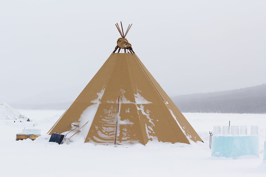brown tent on snowfield, Tipis, Ice Cube, White, landscape winter HD wallpaper
