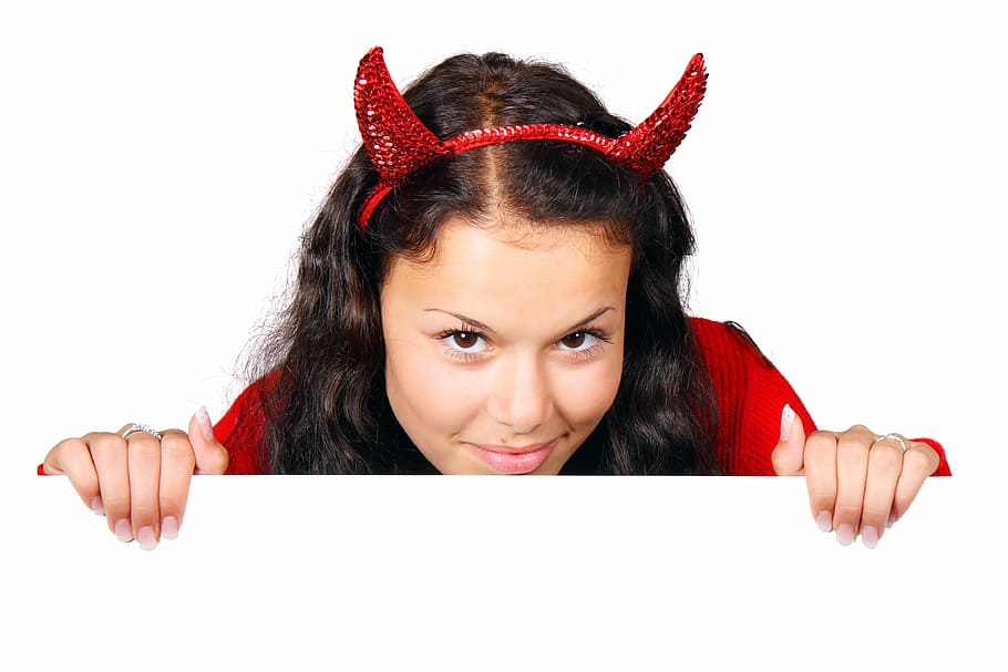 woman wearing red shirt and red devil headband, costume, demon HD wallpaper