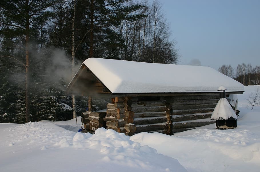 Smoke Sauna, Size, Image, Forest, Winter, size image, snow, HD wallpaper