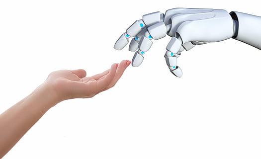 human hand and robot hand illustration, touch, gesture, communication HD wallpaper