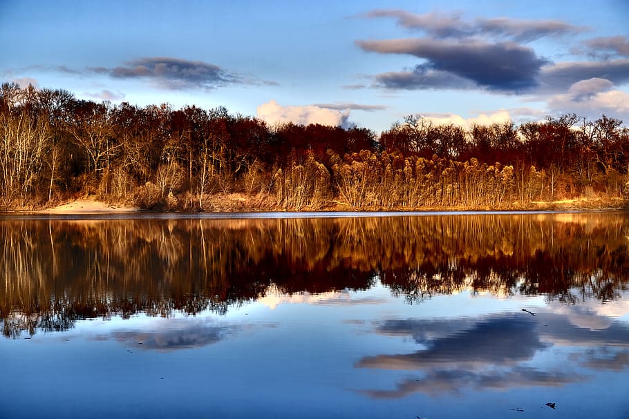 lake, water, clouds, sky, landscape, nature, mirroring, reflections HD wallpaper