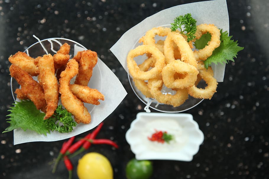 calamares with dipper, calamari, fried chicken fingers, snacks