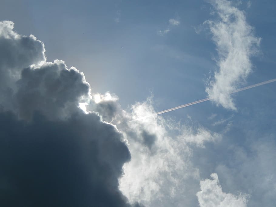 Sky, Clouds, Plane, Track, cloud - sky, blue, backgrounds, low angle view HD wallpaper
