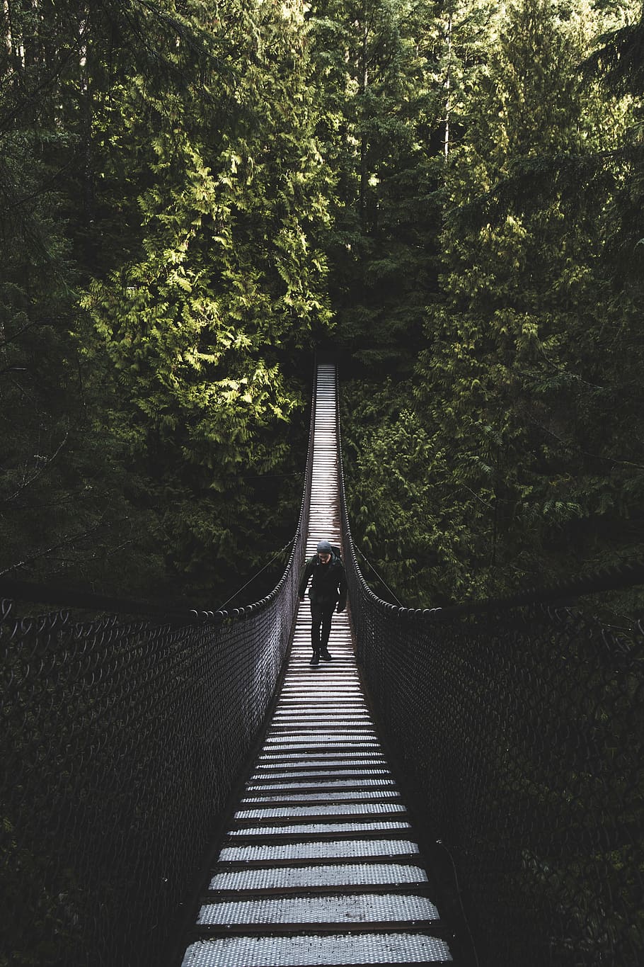 photo of man walking of foot bridge, man walking on hanging bridge grayscale photography, HD wallpaper