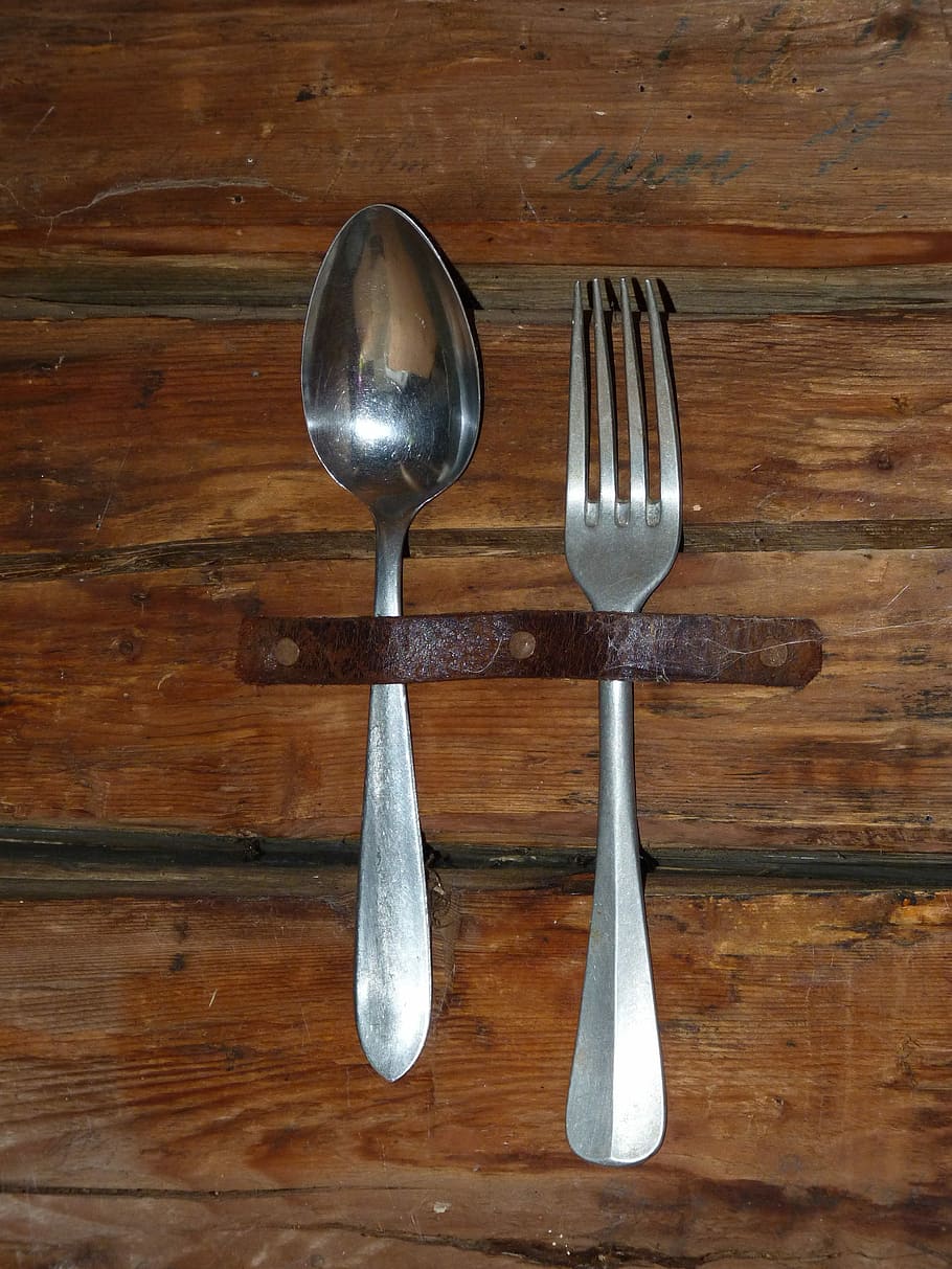 Cutlery, Spoon, Fork, Old, wood - material, silver colored HD wallpaper