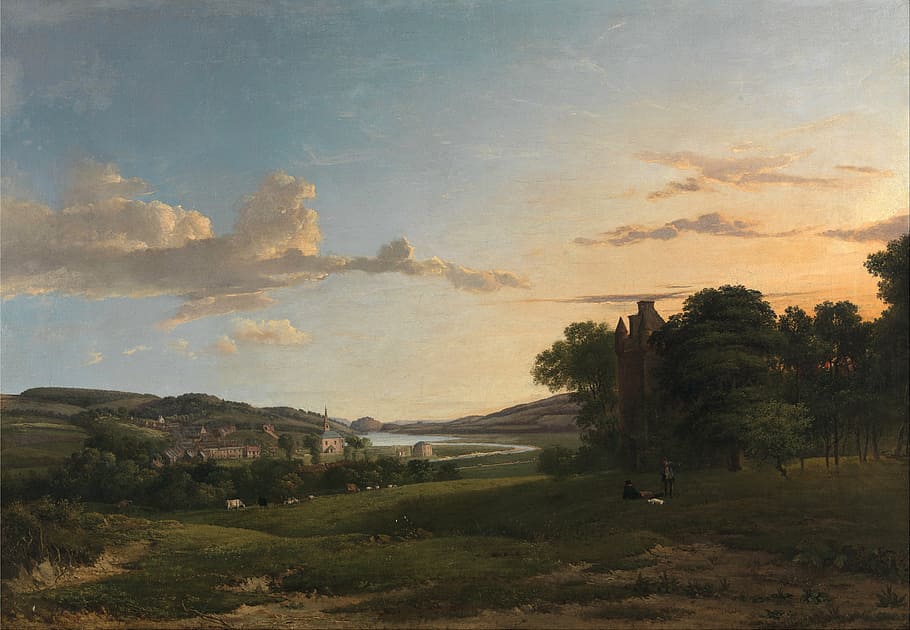 green grass field during daytime, patrick nasmyth, painting, oil on canvas