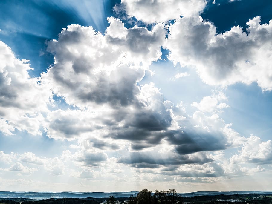 sunbeam, clouds, rain clouds, sky, thunderstorm, mood, atmospheric HD wallpaper