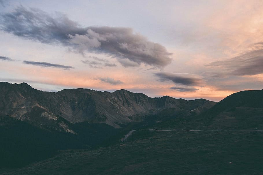 clouds, dawn, daylight, evening, field, grass, landscape, mountain HD wallpaper