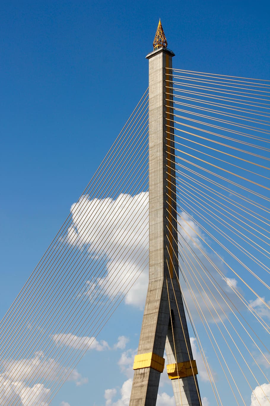 Bridge, Piers, Clouds, Ropes, bridge piers, sky, blue, voltage HD wallpaper