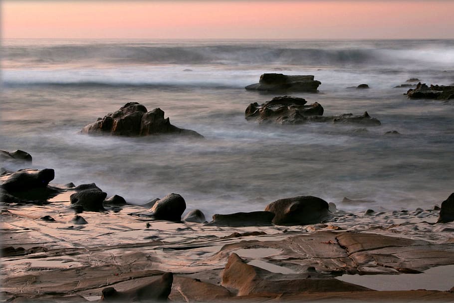 sea, rocks, dawn, rock - object, solid, beach, motion, land HD wallpaper