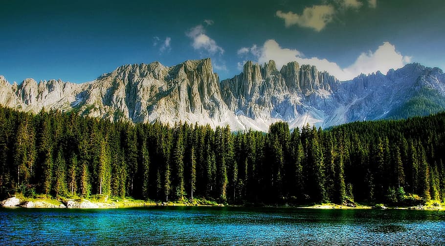 green leafed trees, Dolomites, Karersee, Bergsee, Nature, south tyrol, HD wallpaper