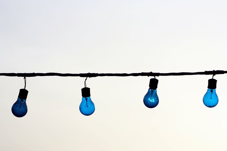 four blue string lights, bulbs, light bulbs, wire, hanging HD wallpaper