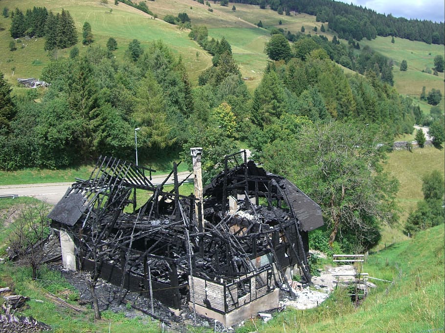 home, burned down, charred, black, ash, brand, collapsed, hofsgrund HD wallpaper