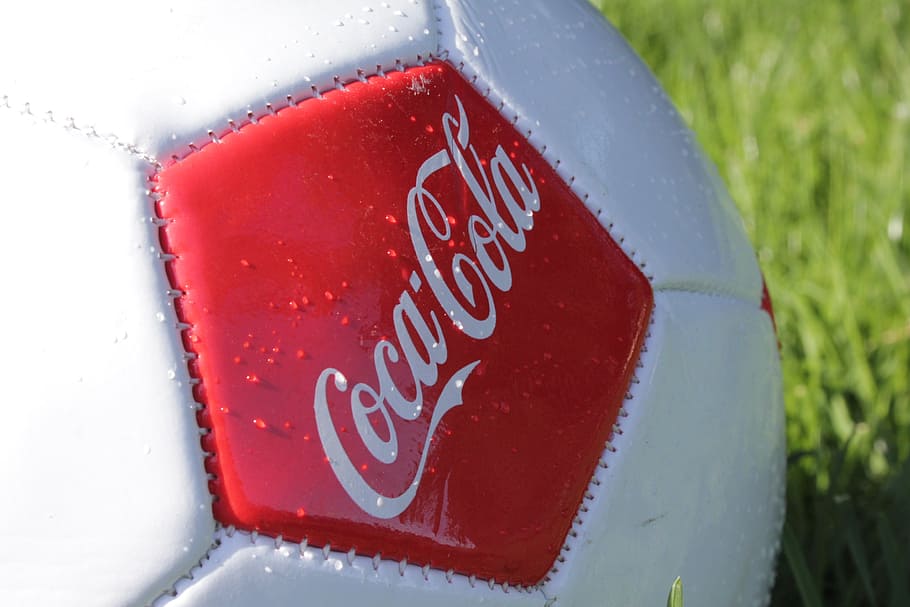 cocacola, ball, drops, grass, soccer, red, communication, text HD wallpaper