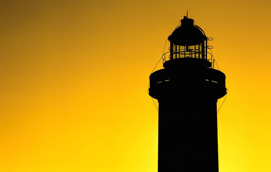 lighthouse, silhouette, evening, sunset, tower, sea, coast HD wallpaper
