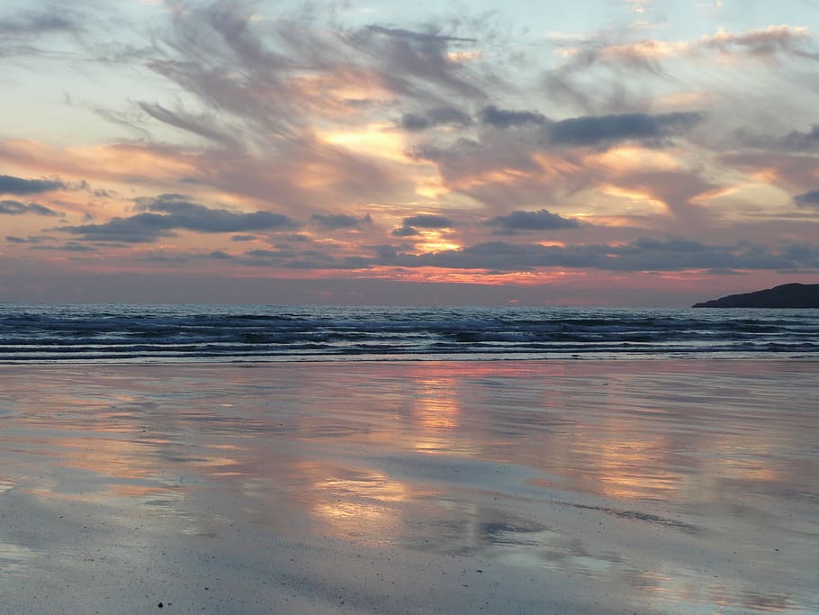 beach under gray clouds, afterglow, abendstimmung, sunset, beautiful, HD wallpaper
