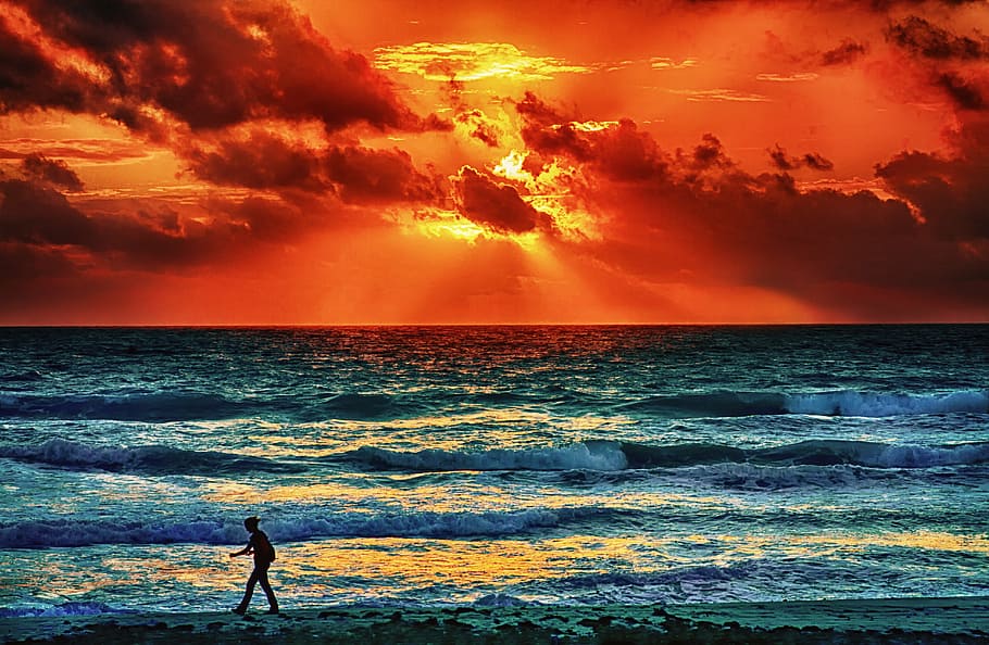 silhouette photo of person walking on seashore during golden hour HD wallpaper