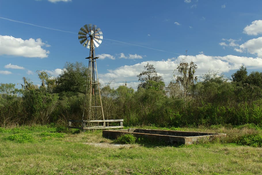 windmill, circle b bar reserve, blue sky, plant, tree, fuel and power generation HD wallpaper