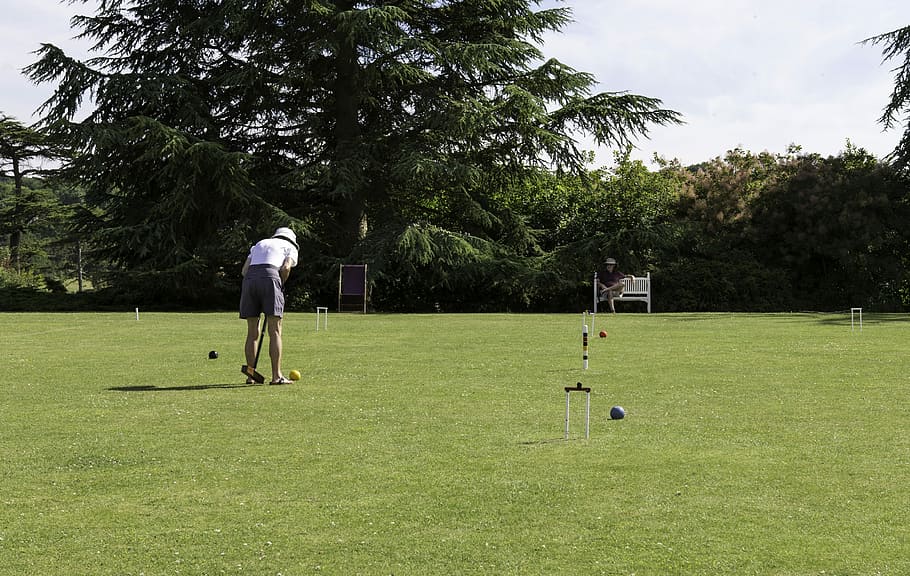 croquet, player, lawn, mallet, ball, hoops, summer, outdoor pastime