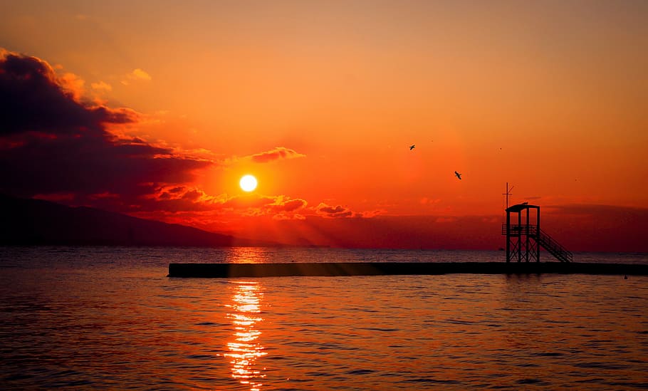 silhouette of bridge under sunset, red, summer, nature, sky HD wallpaper