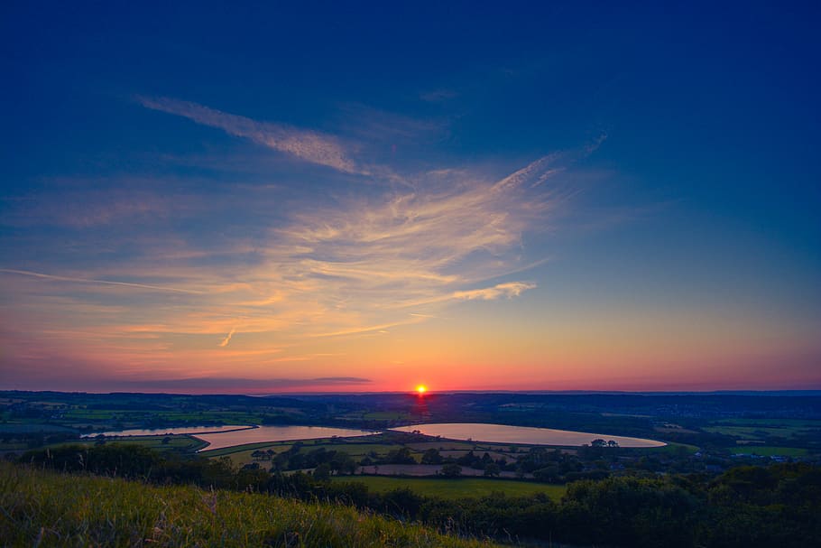 fields, lake, landscape, nature, sky, sunrise, sunset, scenics - nature HD wallpaper