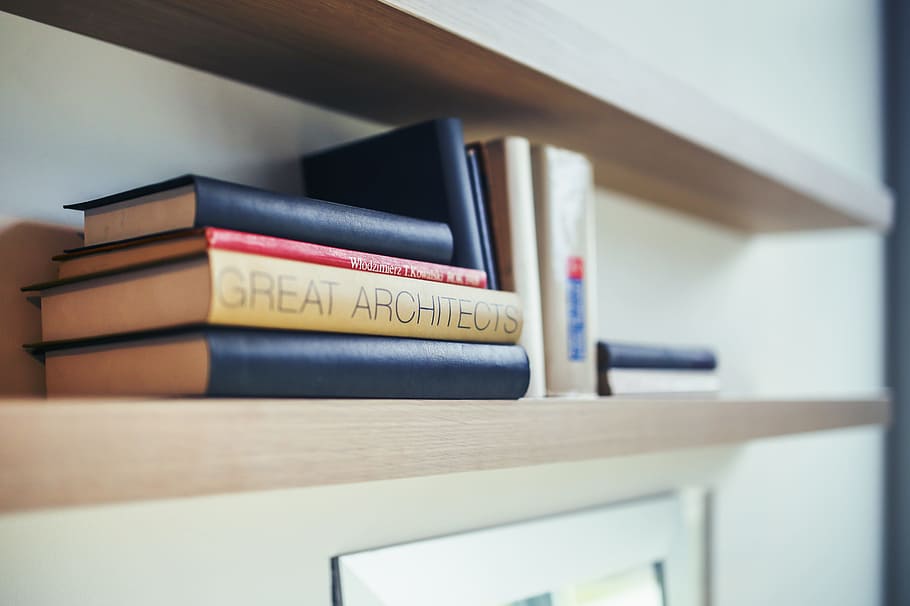 assorted books on shelf, architect, studying, learning, planner HD wallpaper