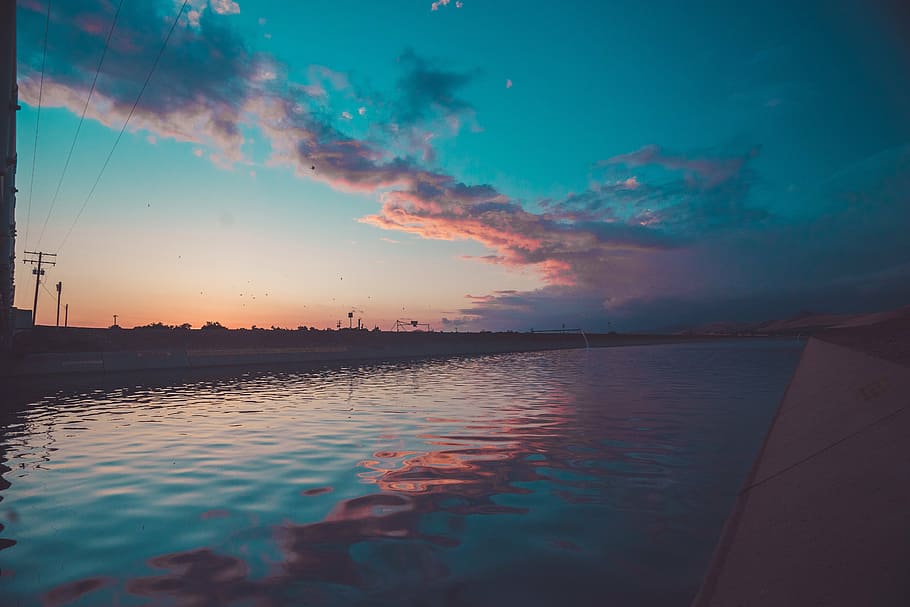 sunset, dusk, sky, clouds, water, reflection, landscape, nature HD wallpaper