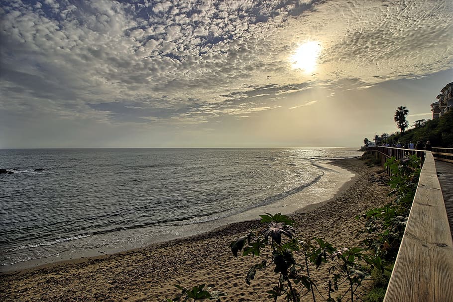Beach, Clouds, Sunset, Light, sky, landscape, mijas, coastal path HD wallpaper
