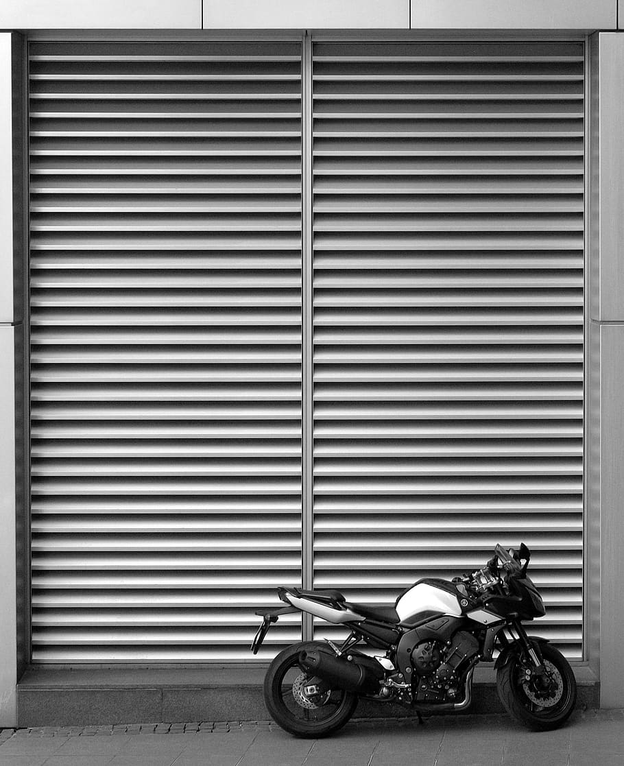 shutter, motorbike, motorcycle, slats, metal, gate, closed, HD wallpaper
