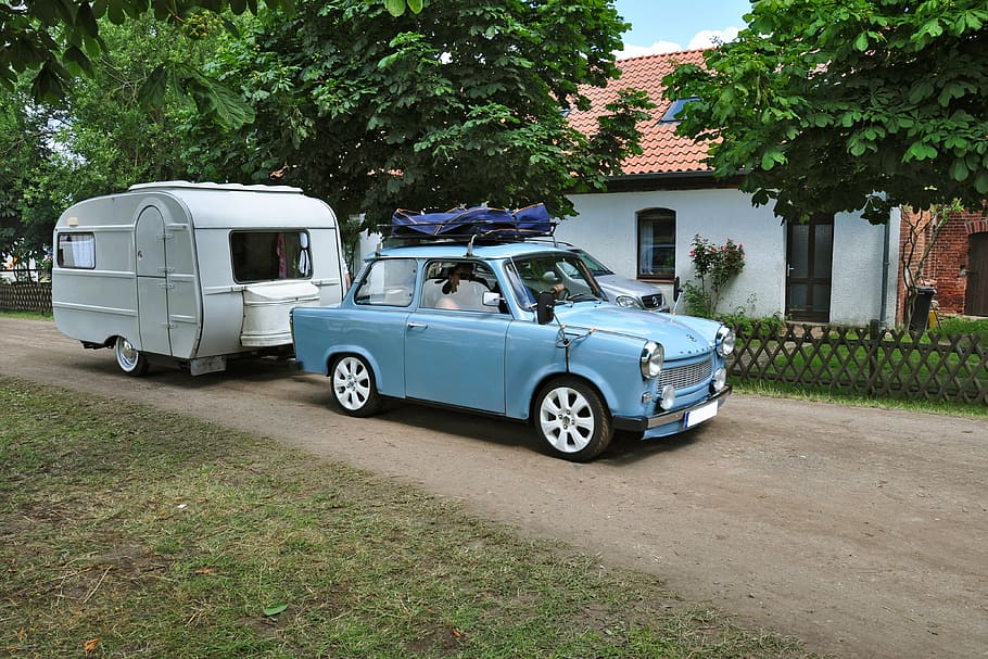 blue coupe parked near white camper trailer at daytime], satellite, HD wallpaper
