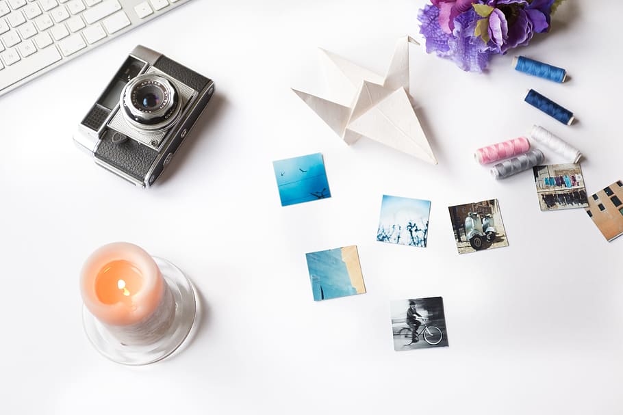 Styled photo with camera and candle, objects, business, technology HD wallpaper