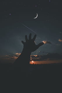landscape, sky, person, hands, astronomy, clouds, dusk, moon HD wallpaper