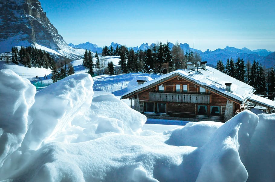brown house beside mountain with snow, snow-capped brown wooden house surrounded with trees at daytime HD wallpaper