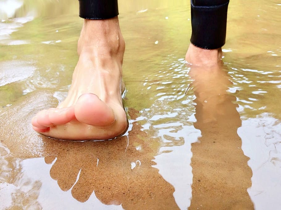 walk, river, barefoot, step, human Foot, human Leg, water, summer HD wallpaper