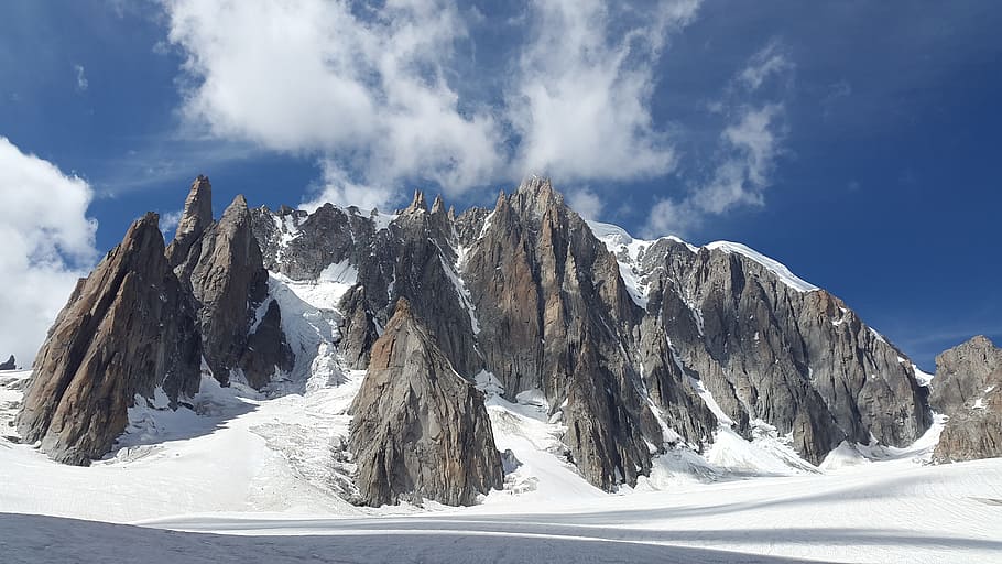 Rock Mountain Covered With Snow Under Blue Sky at Daytime, clouds HD wallpaper