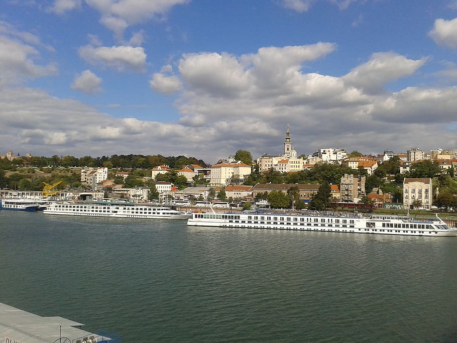 two white pontoon boats docked, belgrade, serbia, town, clouds