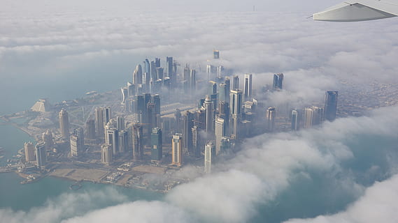 aerial view if a city during daylight, skyscraper, clouds, doha HD wallpaper