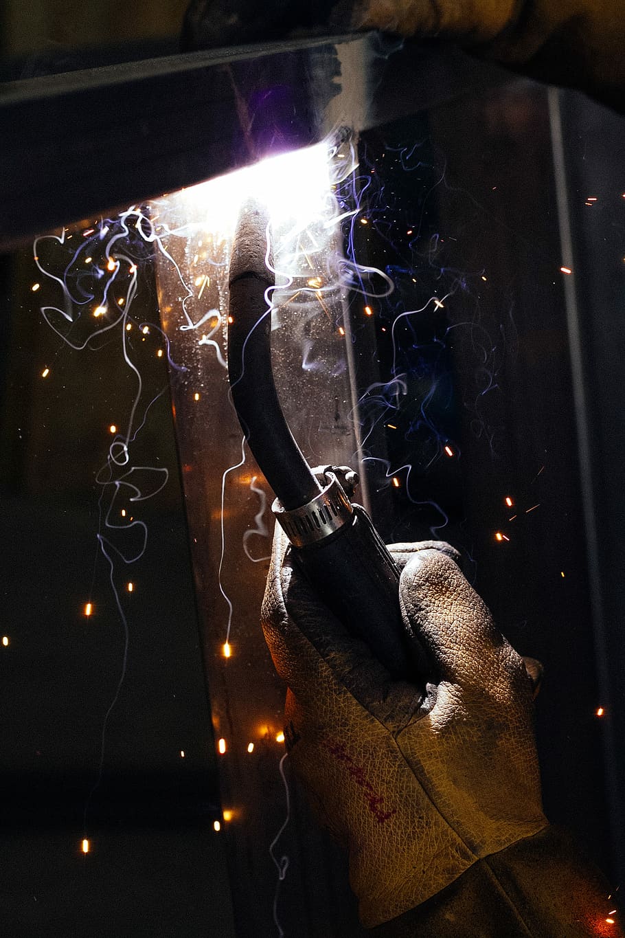 person holding cutting torch, hand doing welding, fire, mask, HD wallpaper