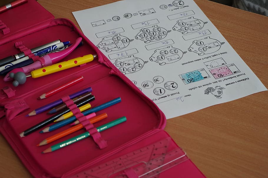 school, pencil case, paper, class, counting, high angle view HD wallpaper