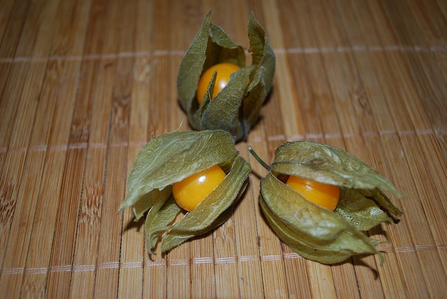 three, opened, physalis, fruit, orange, green, healthy, lifestyle HD wallpaper