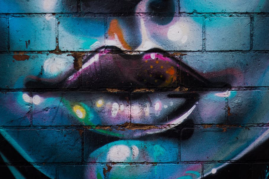 lips, graffiti, wall, face, paint, blue, pink, multi colored HD wallpaper