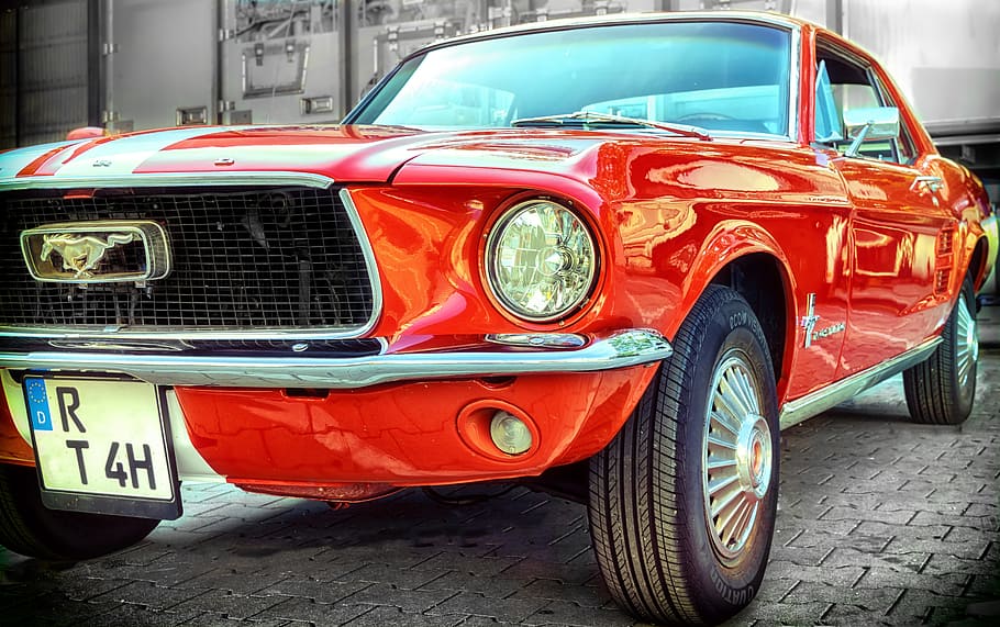parked red Ford Mustang coupe, pkw, classic, auto, oldtimer, historically, HD wallpaper