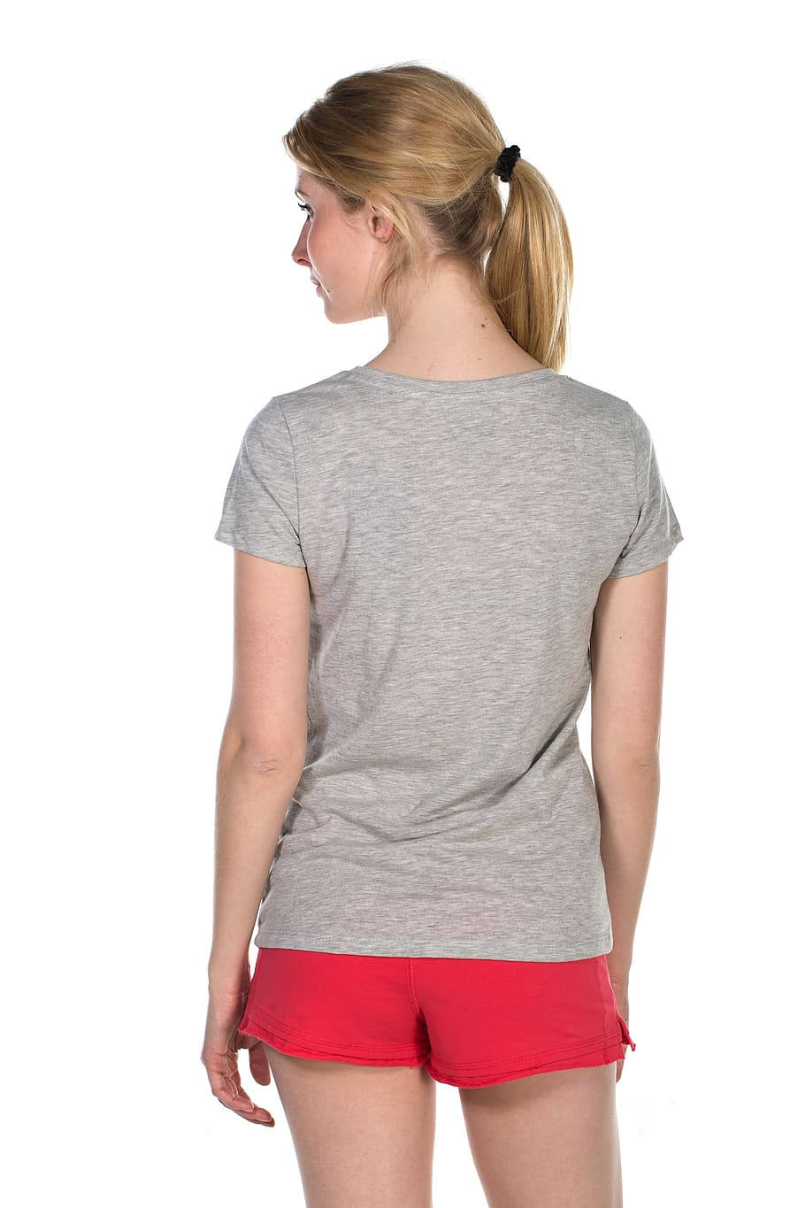 woman in gray t-shirt, Girl, Model, Shorts, Leg, Summer, red