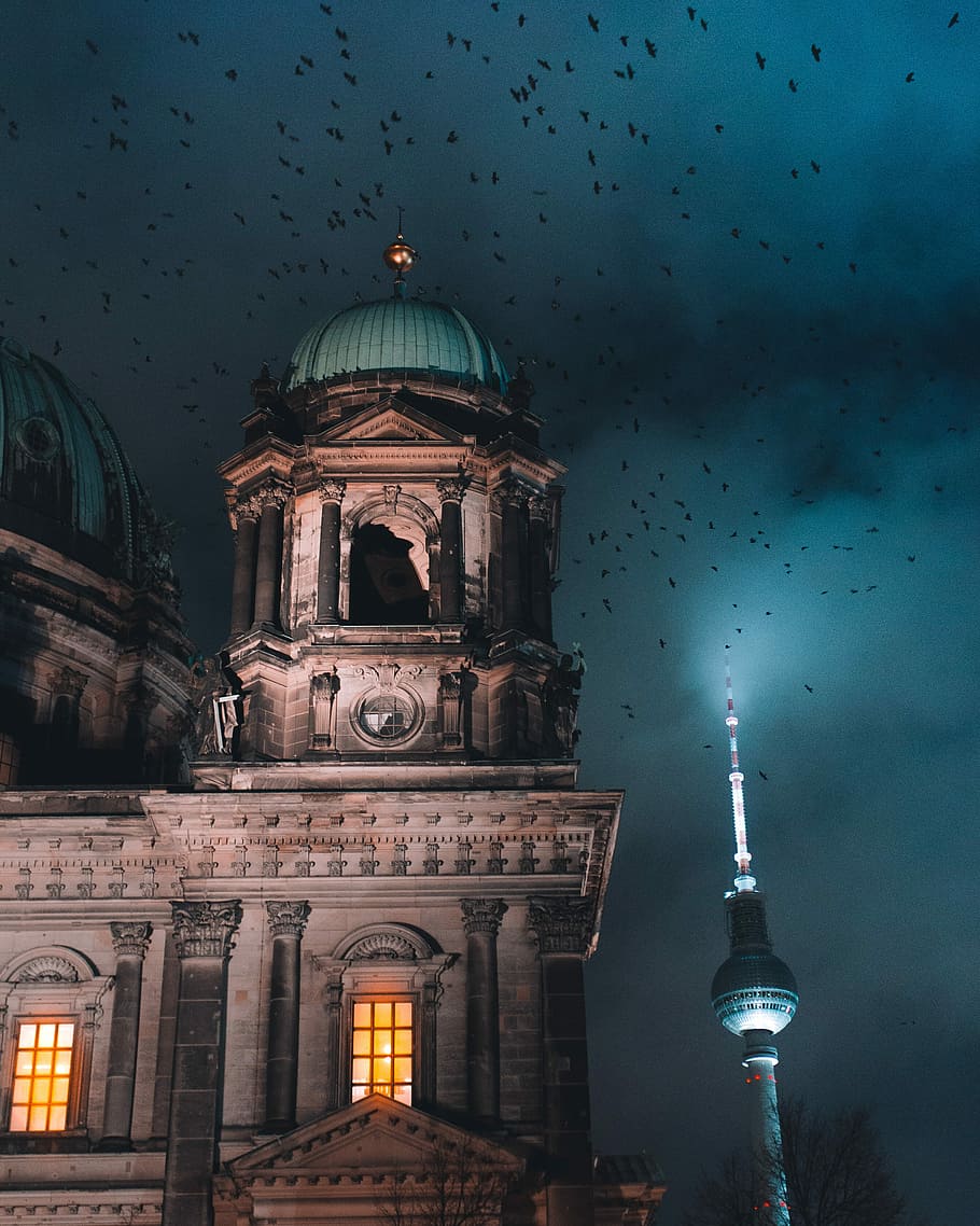 green dome-top building, gray concrete building, birds, sky, dark HD wallpaper
