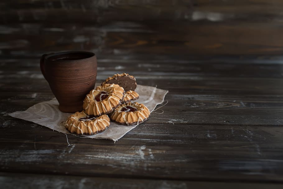baked cookies beside brown cup on wooden surface, Clay, Background, HD wallpaper