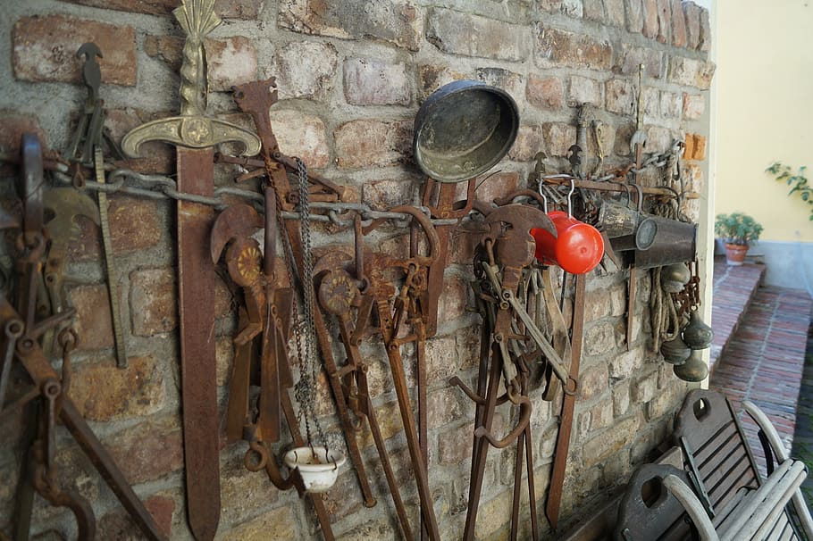 old tool, collection, wall, built structure, architecture, no people HD wallpaper