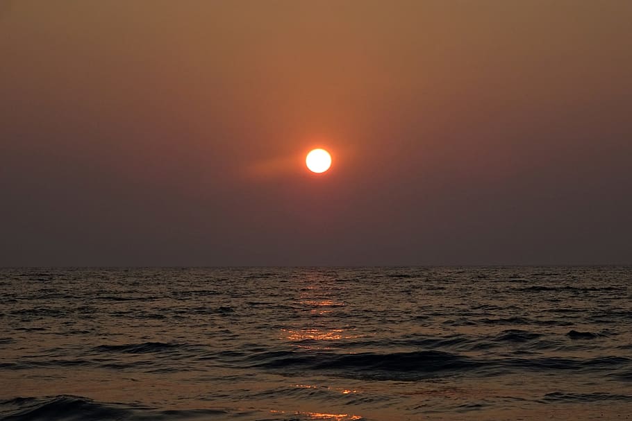Sunset, Setting, Arabian Sea, sundown, murdeshwar, india, beauty in nature HD wallpaper