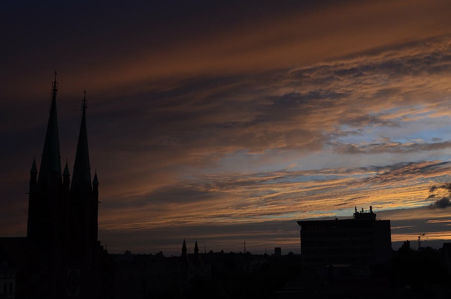 sunset, clouds, cityscape, evening, church, tower, dusk, sundown HD wallpaper