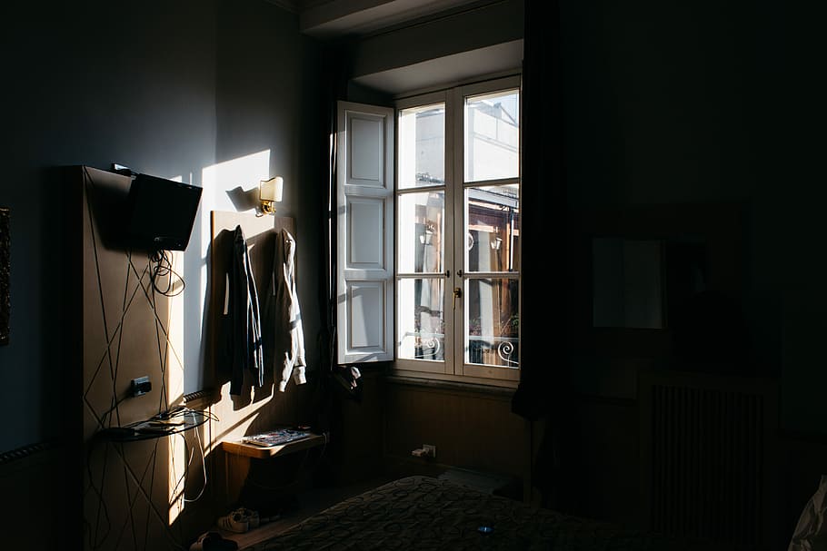 opened wooden window, coat hanged near glass window, room, shutter HD wallpaper